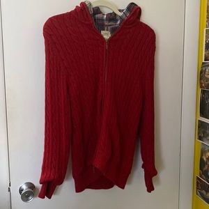 LL Bean flannel-lined hooded cable knit zip cardigan